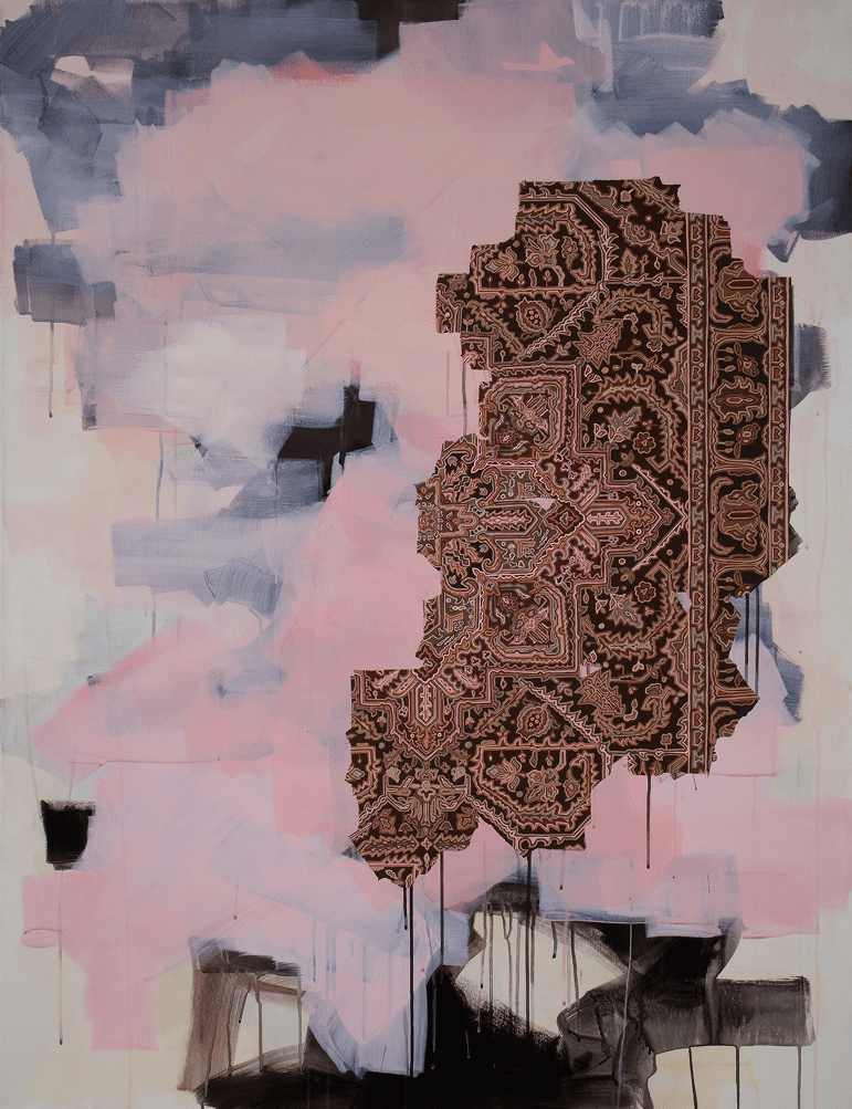 Threads of Memory, 2026 Acrylic, ink and gold leaf on canvas 150 × 120 cm