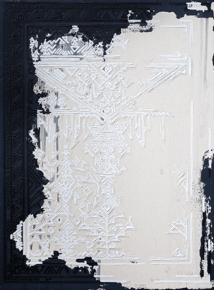 Threads of Memory, 2026 Acrylic, ink and gold leaf on canvas 150 × 120 cm
