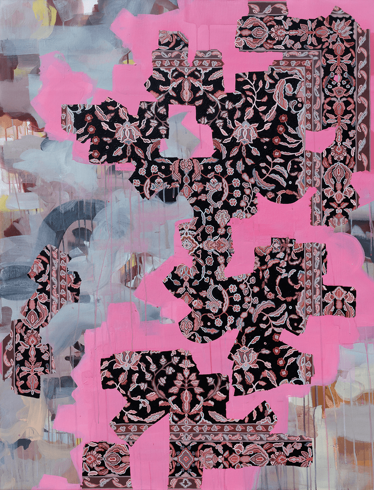 Threads of Memory, 2026 Acrylic, ink and gold leaf on canvas 150 × 120 cm