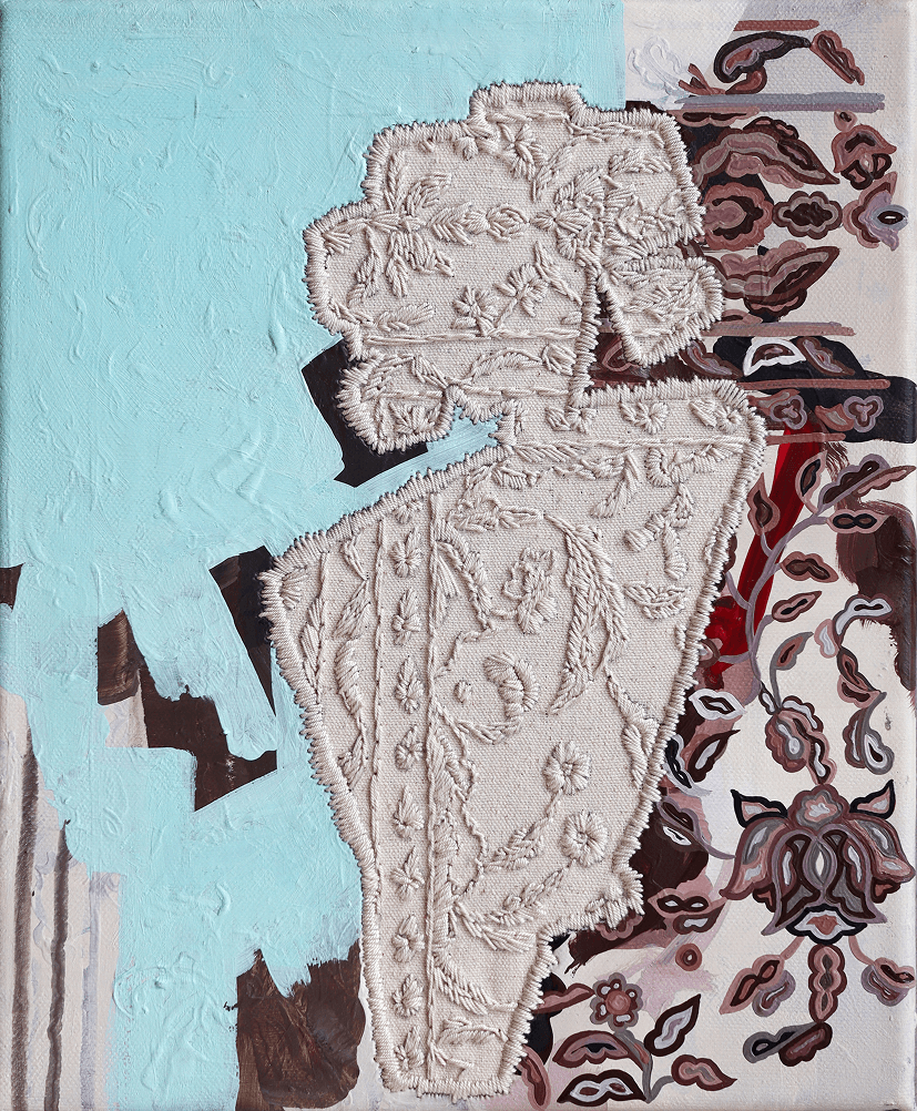 Threads of Memory, 2026 Acrylic, ink and gold leaf on canvas 150 × 120 cm