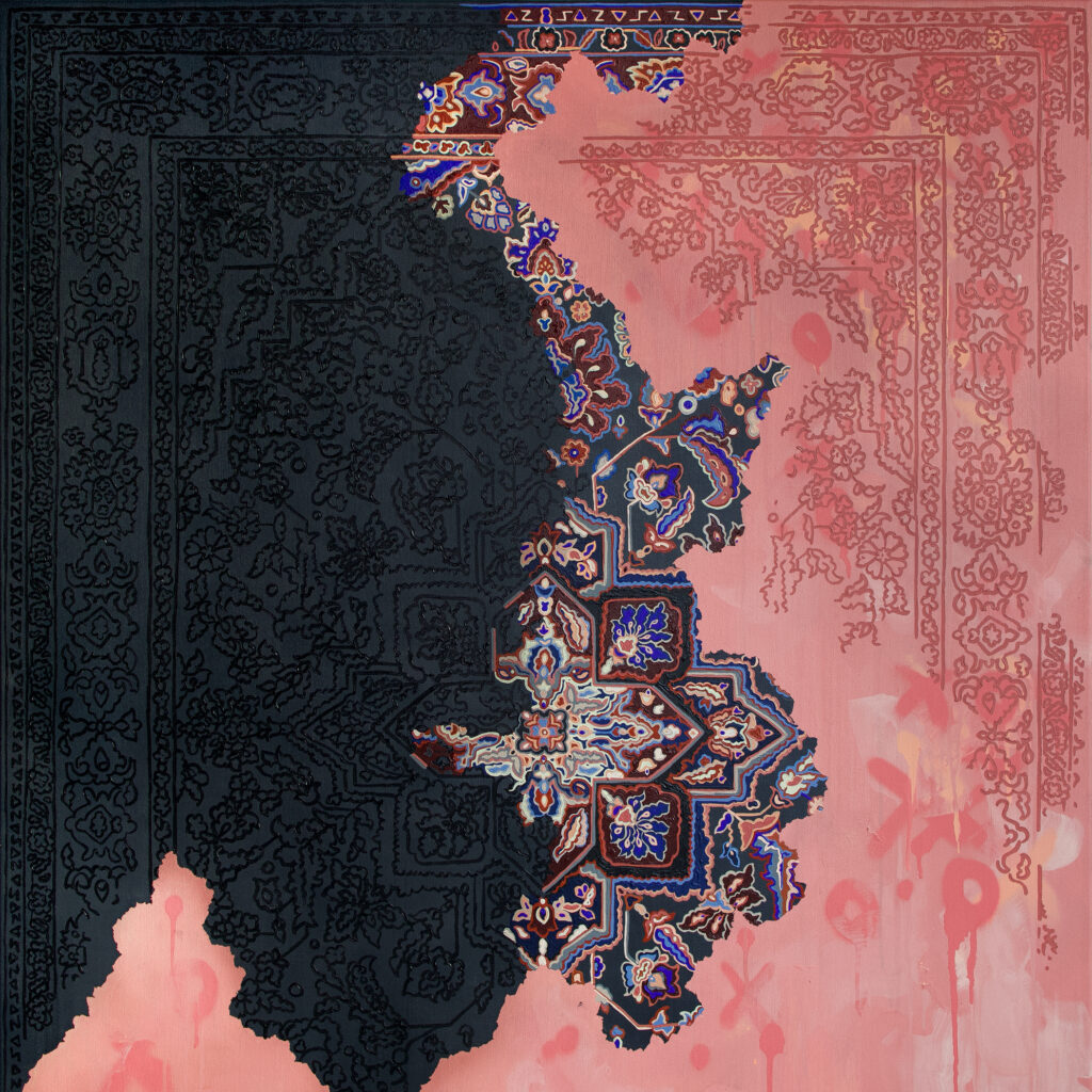 Reading Between the Lines by Bahar Bambi — acrylic and spray paint on canvas, 100 × 100 cm, 2021